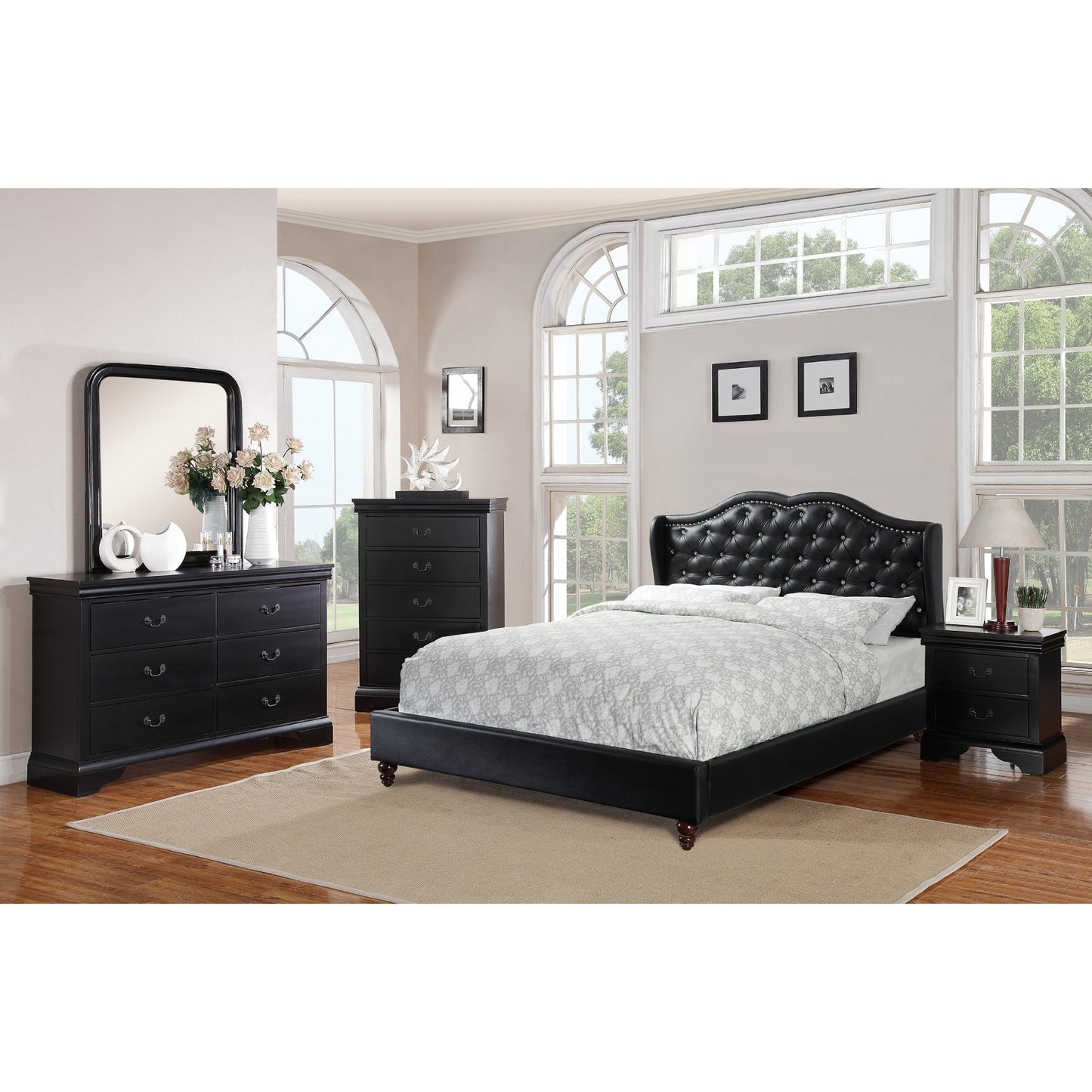 Queen Bed Set Black Faux Leather Upholstered Wingback Design