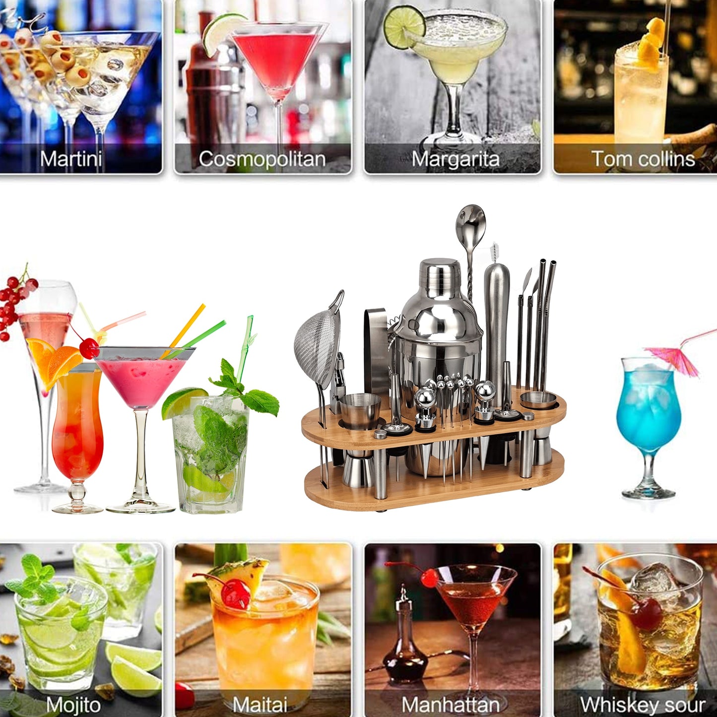 23-Piece Bartender Kit With Oval Bamboo Stand - Detachable