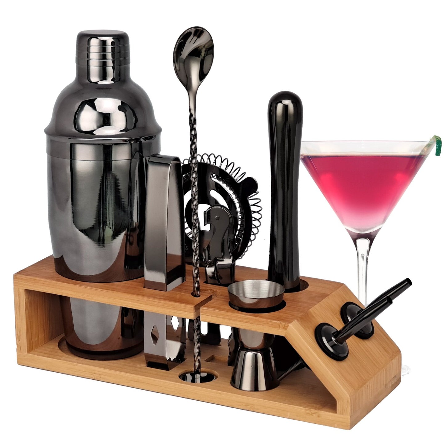 Bartender Kit - Rose Gold Cocktail Shaker Set With Trapezoidal Bamboo Stand