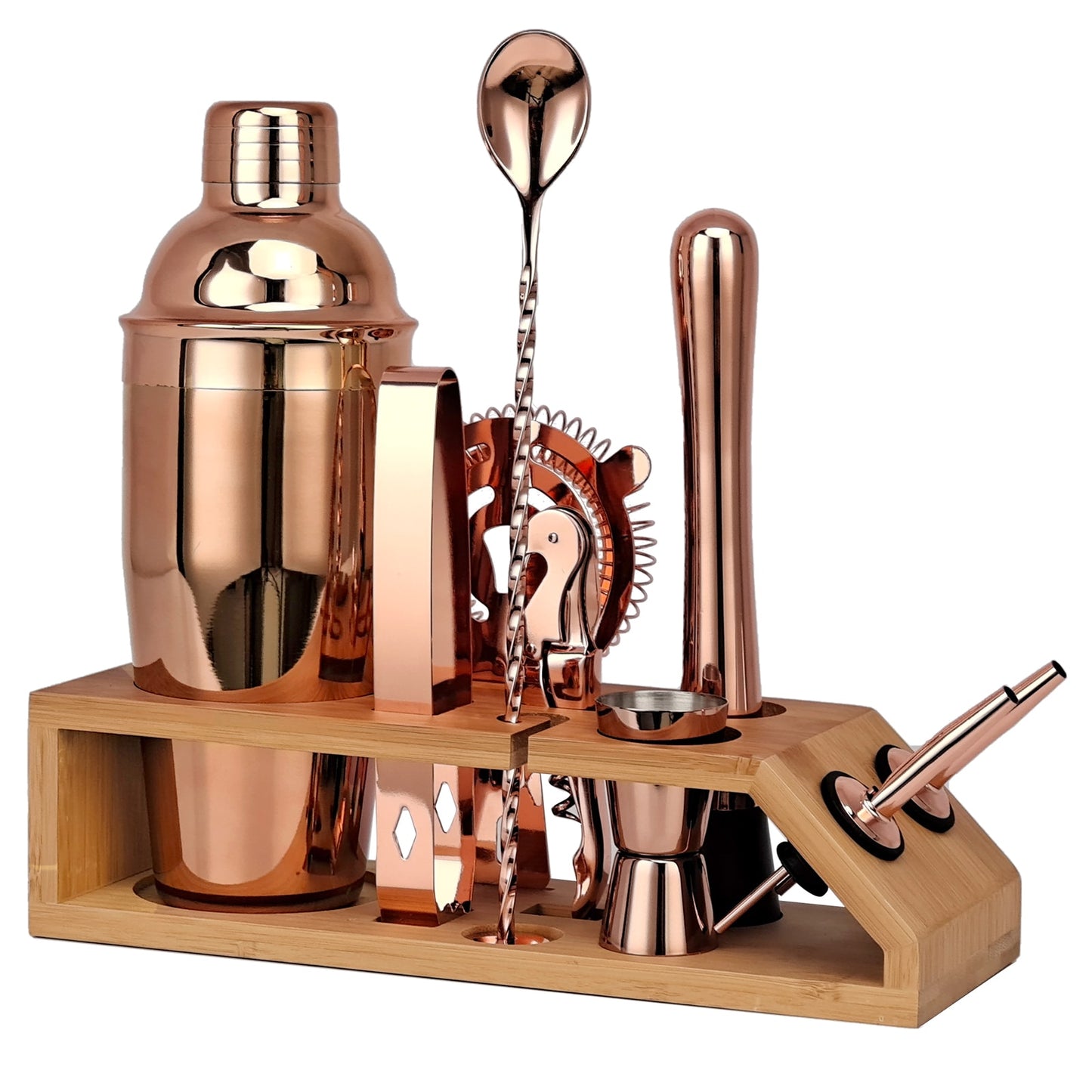 Bartender Kit - Rose Gold Cocktail Shaker Set With Trapezoidal Bamboo Stand