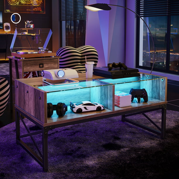Coffee Table with LED Lights and Glass Shelf