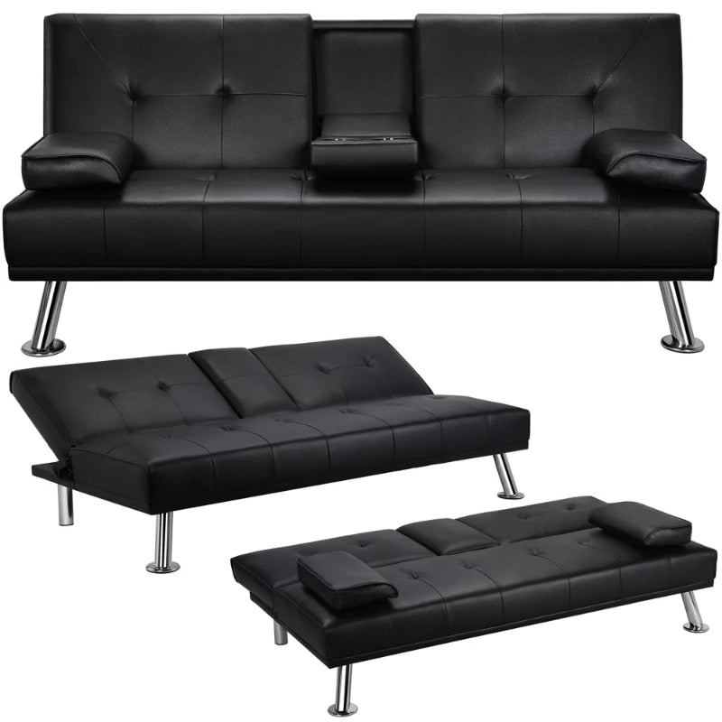 LuxuryGoods Modern Faux Leather Futon Folding Sofa with Pillows and Cupholders