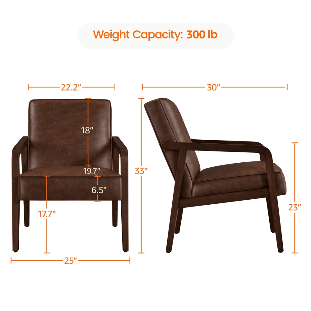 Easyfashion 2pcs Mid-Century Modern Upholstered Faux Leather Armchair, Dark Brown