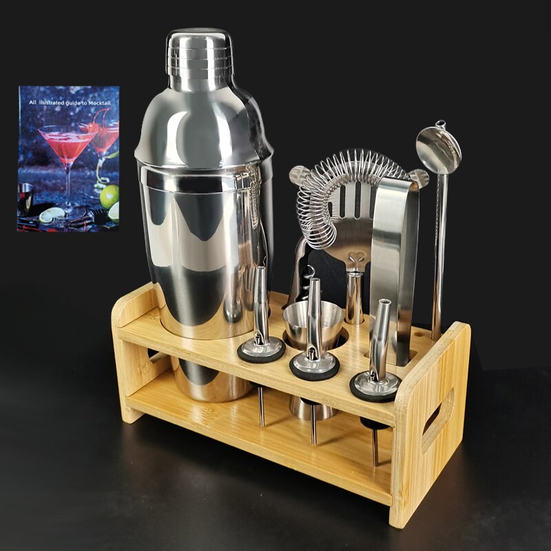 Cocktail Shaker With Wood Stand - Bartender Bar Tools