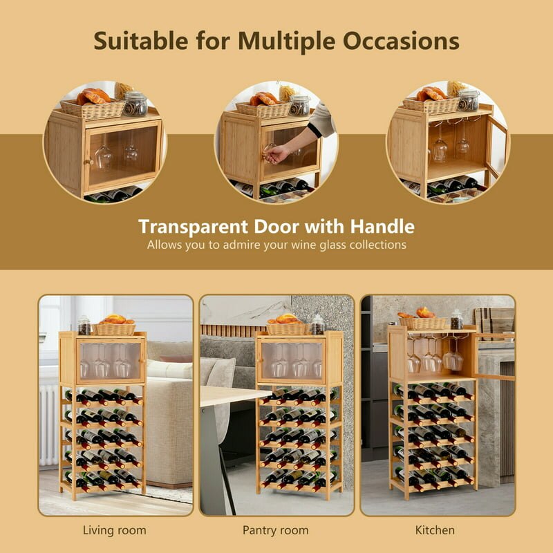 20-Bottle Bamboo Wine Rack Cabinet  Display  w/ Glass Hanger