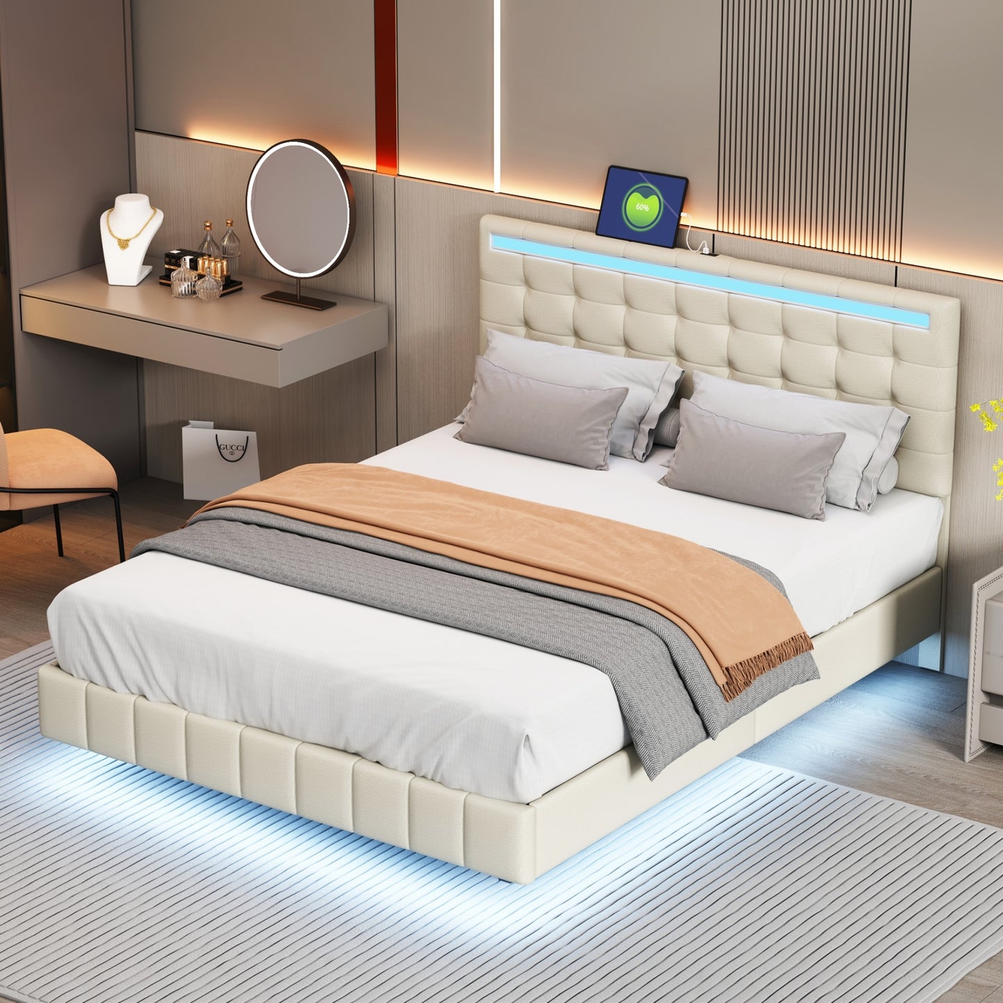Queen Size Floating PU/Linen Bed Frame W/LED Lights & USB Charging Port