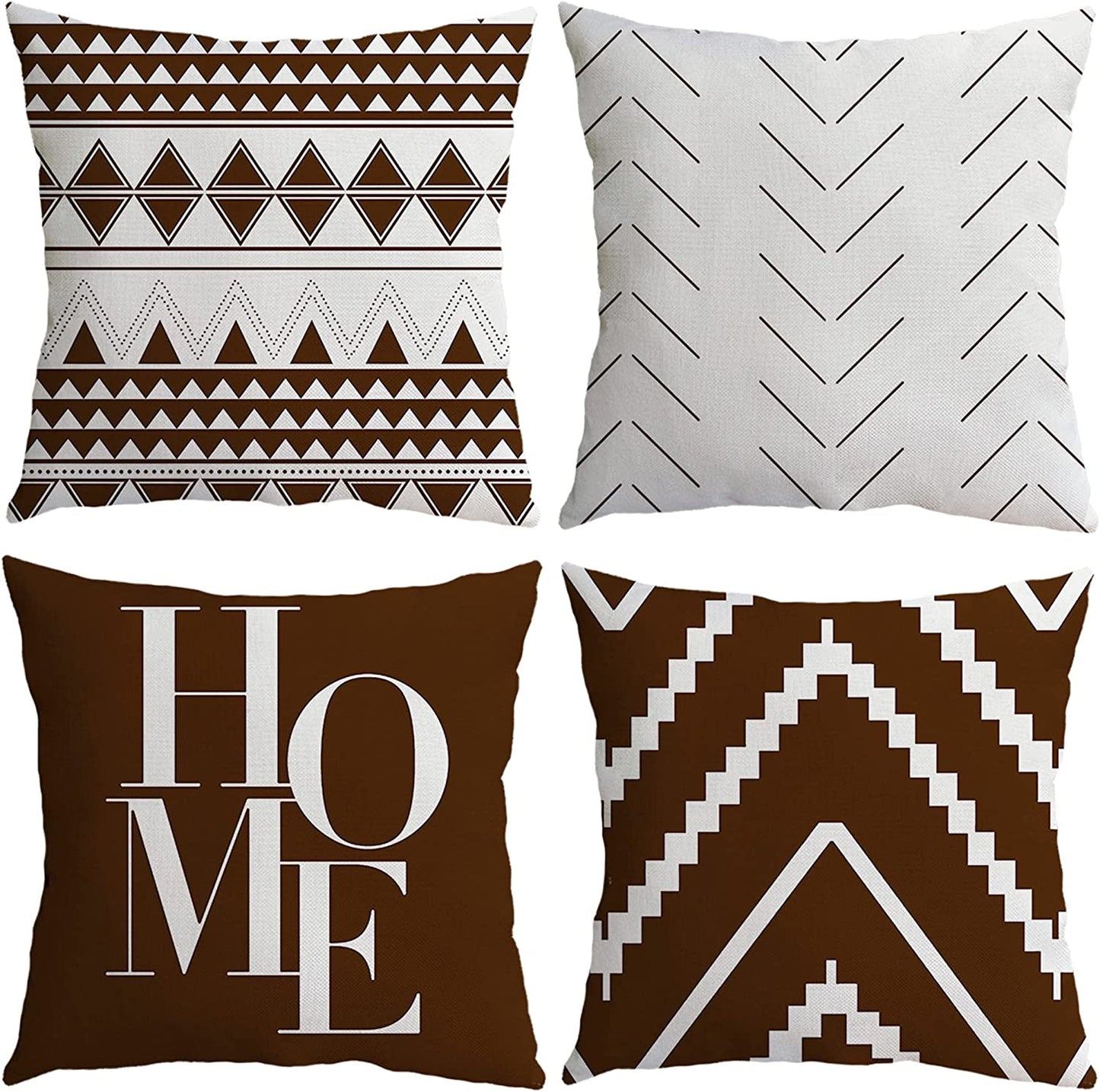 Geometric Dark Brown Couch Linen Throw Pillow Covers Set of 4, Large Brown Decorative Sofa Accent Pillow Cover