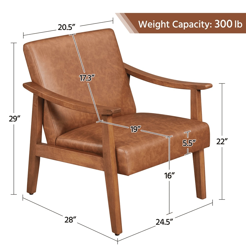 Alden Design Faux Leather Accent Chair with Wooden Armrests, Light Brown