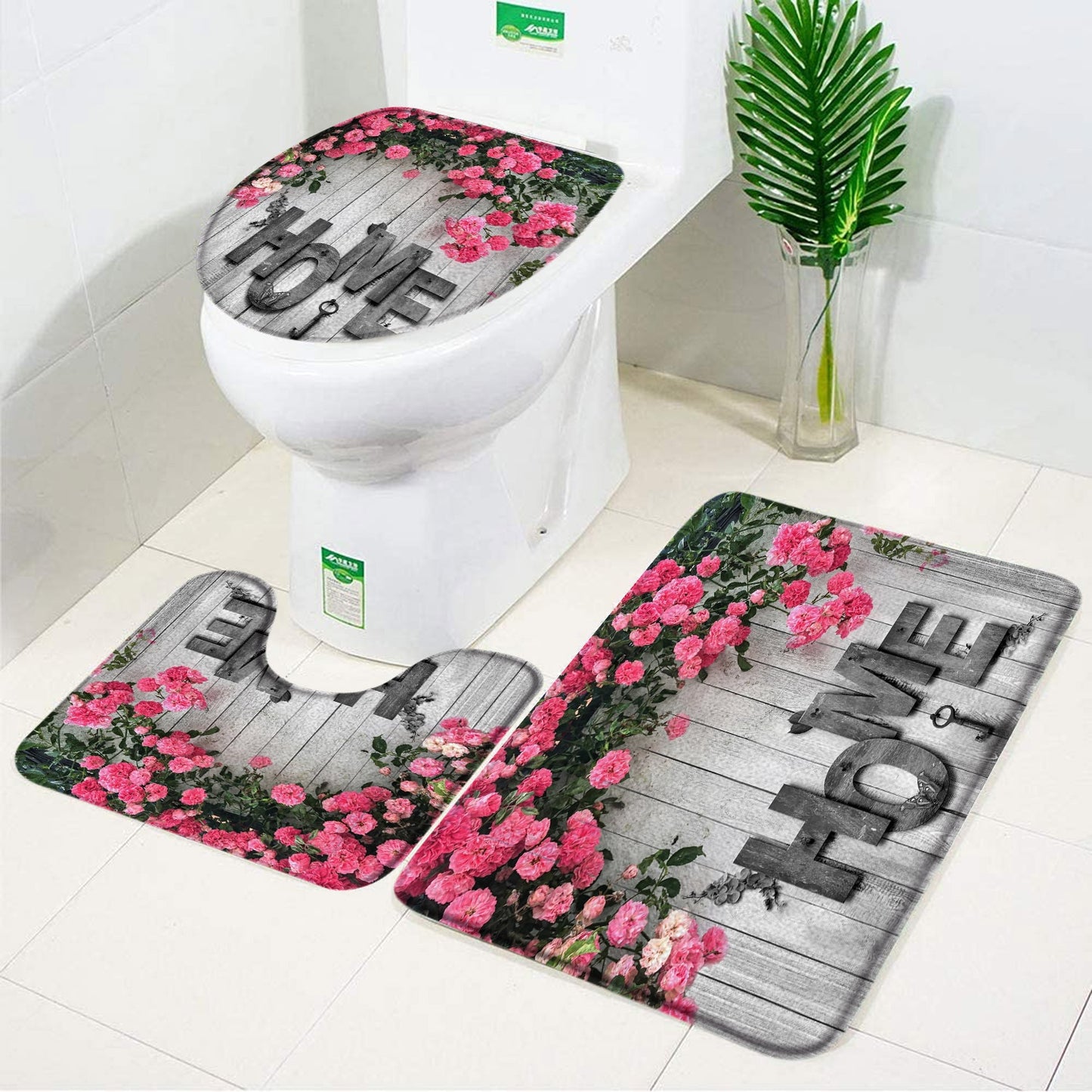 Rose Flower Bath Mat Set