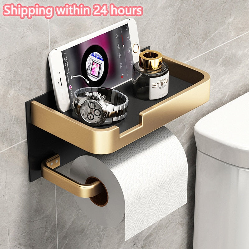 Black and Gold Bathroom Toilet Roll and Phone Holder