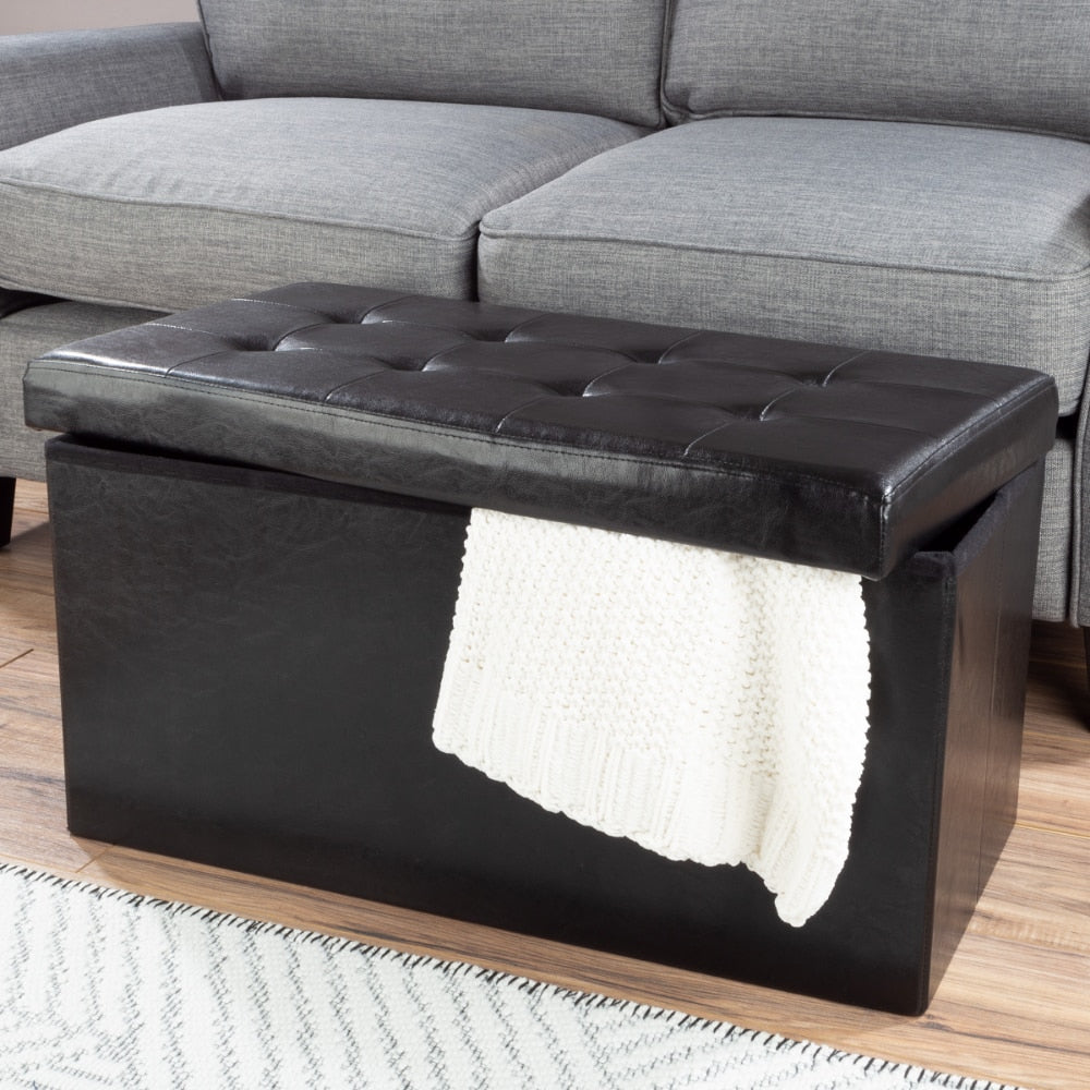 Faux Black Leather Folding Storage Ottoman with Removable Bin