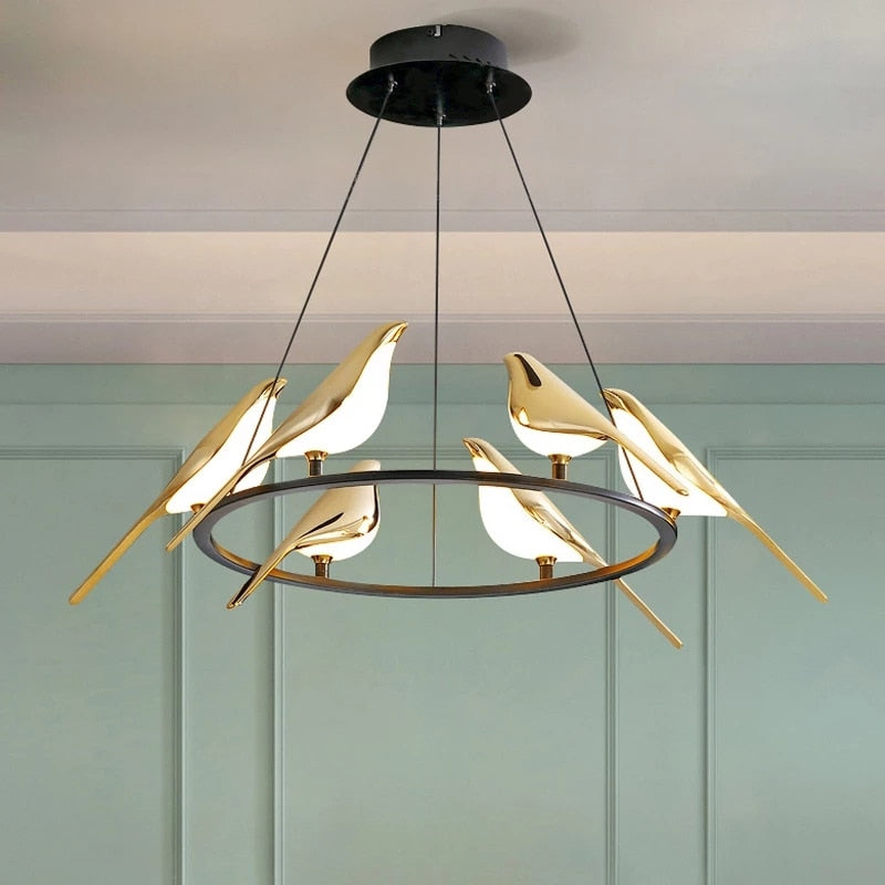 LED Gold Magpie Bird Ceiling Chandelier for Dining Room - Luminaire Suspension Pendant Lamp