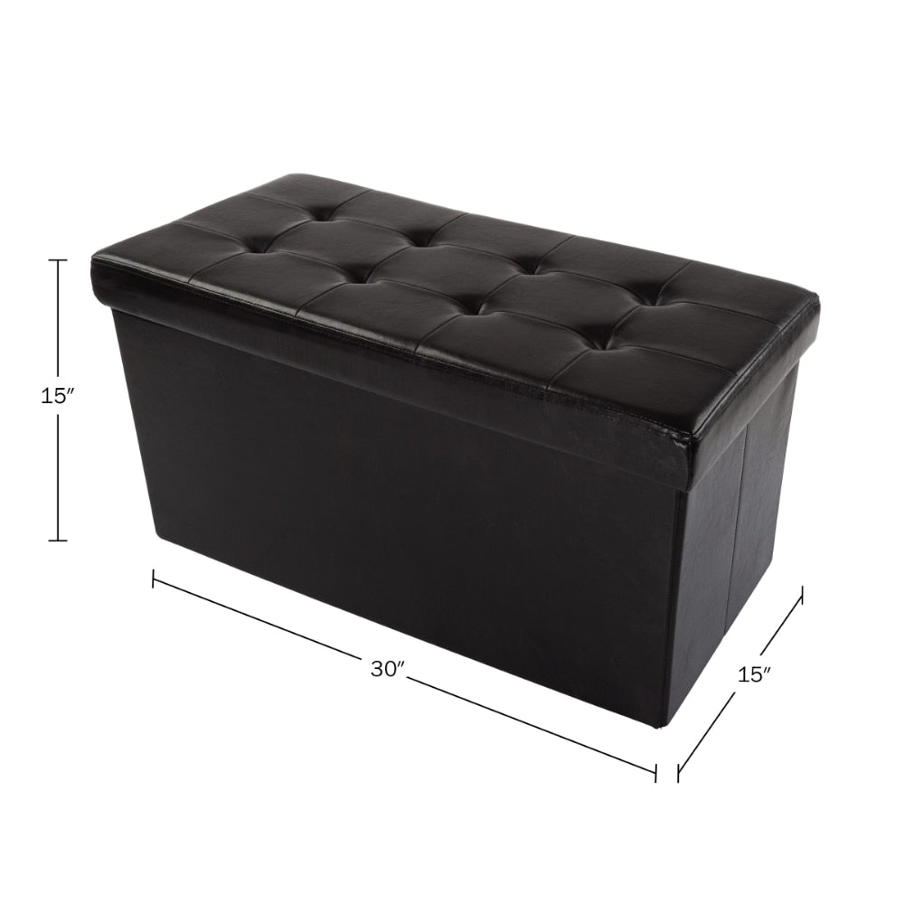 Faux Black Leather Folding Storage Ottoman with Removable Bin