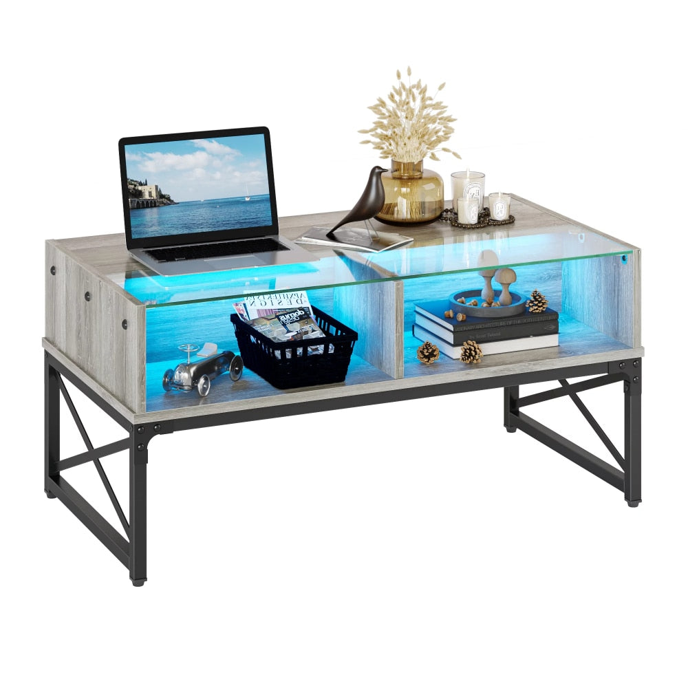 Coffee Table with LED Lights and Glass Shelf