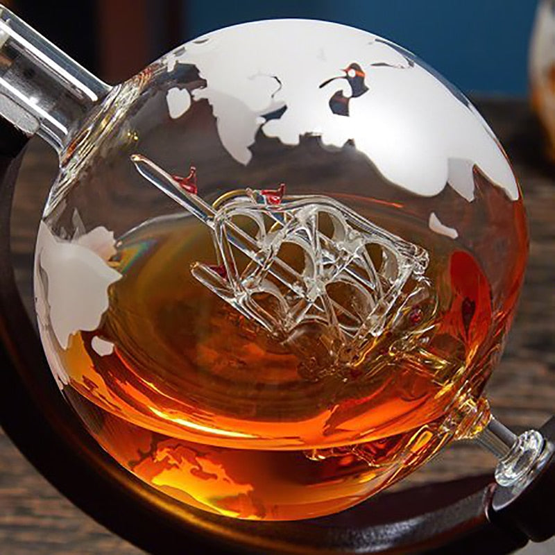 Creative Globe Decanter Set with Lead-free Carafe Exquisite Wood-stand and 2 Whisky Glasses