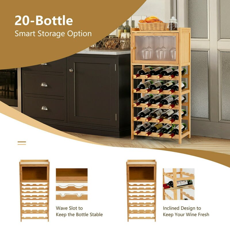 20-Bottle Bamboo Wine Rack Cabinet  Display  w/ Glass Hanger