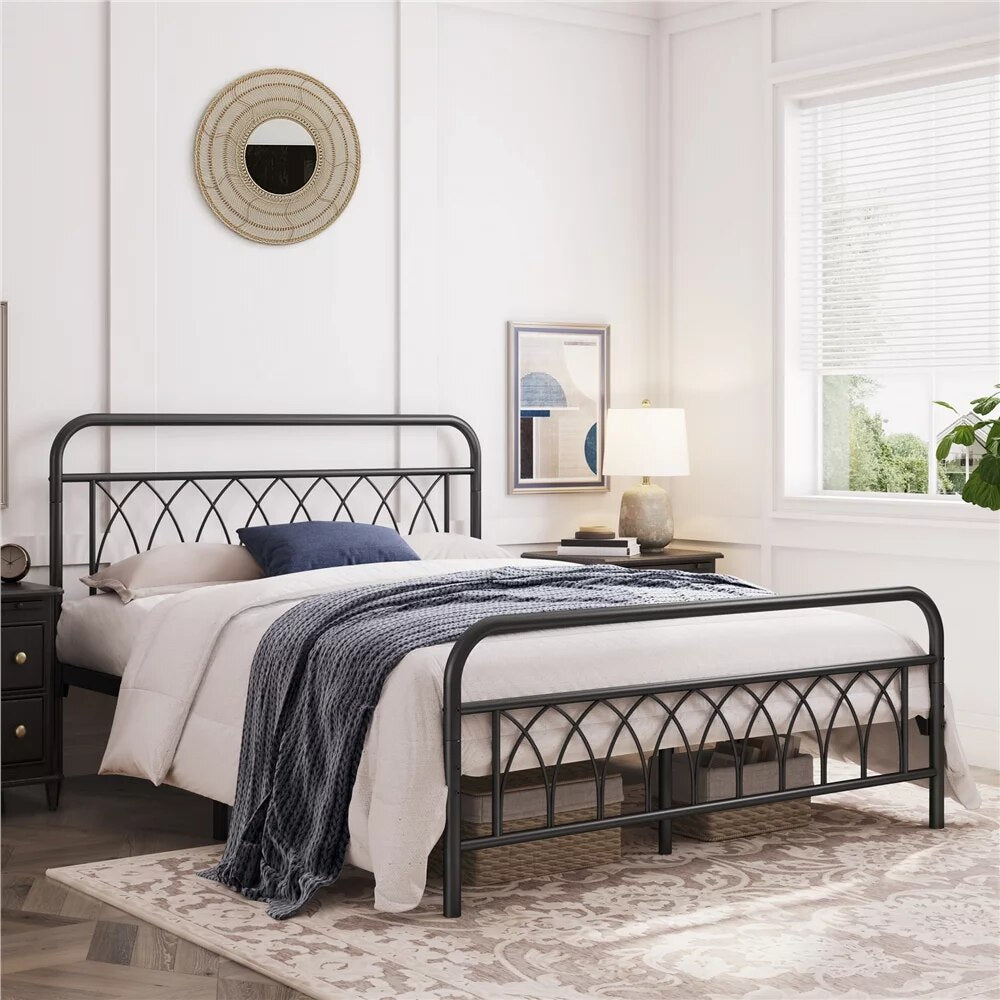 Metal Platform Bed Frame with Petal Accented Headboard and Footboard