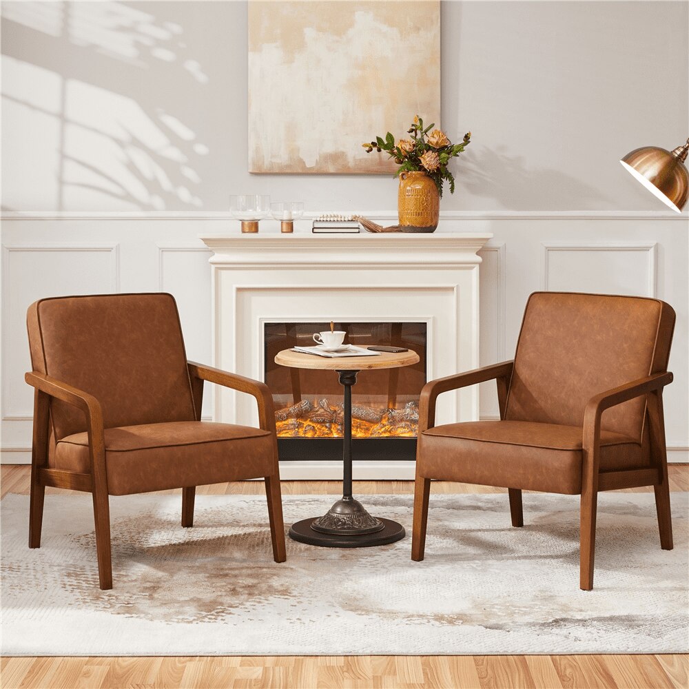Easyfashion 2pcs Mid-Century Modern Upholstered Faux Leather Armchair, Dark Brown