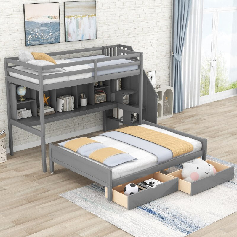 Twin XL Over Full Bunk Beds with Built-in Drawers & Shelves