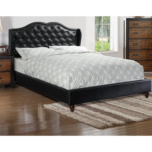 Queen Bed Set Black Faux Leather Upholstered Wingback Design