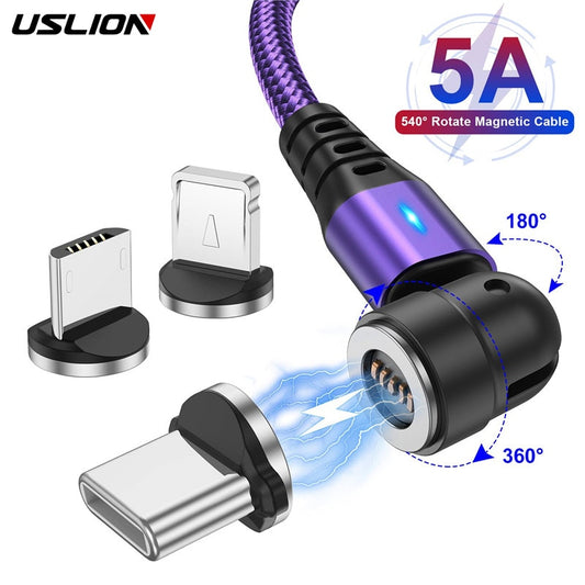 USLION 540 Rotate 5A Magnetic Cable Fast Charging Micro USB Type C Cable For iPhone Xiaomi Magnet Charger Wire Cord USB Cable