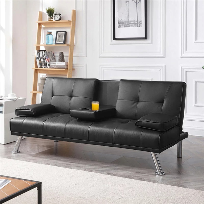 LuxuryGoods Modern Faux Leather Futon Folding Sofa with Pillows and Cupholders